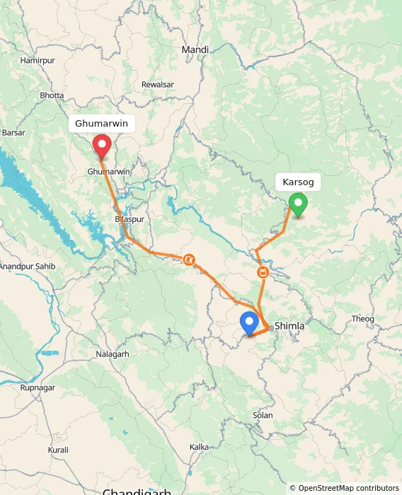 Route map showing distance and travel time from Karsog, India to Ghumarwin, India