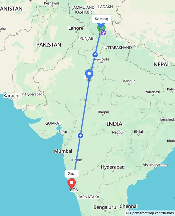 Route map showing distance and travel time from Karsog, India to Goa, India