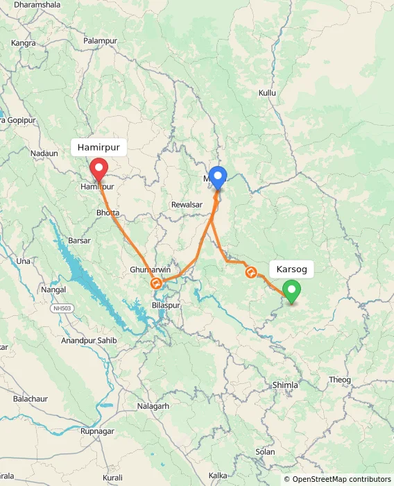 Route map showing distance and travel time from Karsog, India to Hamirpur, India
