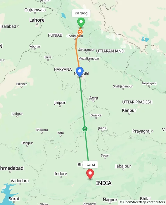 Route map showing distance and travel time from Karsog, India to Itarsi, India