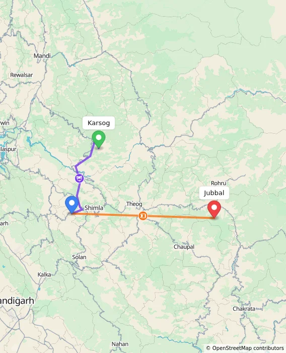 Route map showing distance and travel time from Karsog, India to Jubbal, India