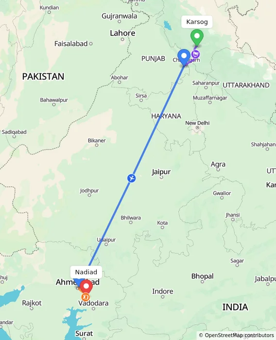 Route map showing distance and travel time from Karsog, India to Nadiad, India