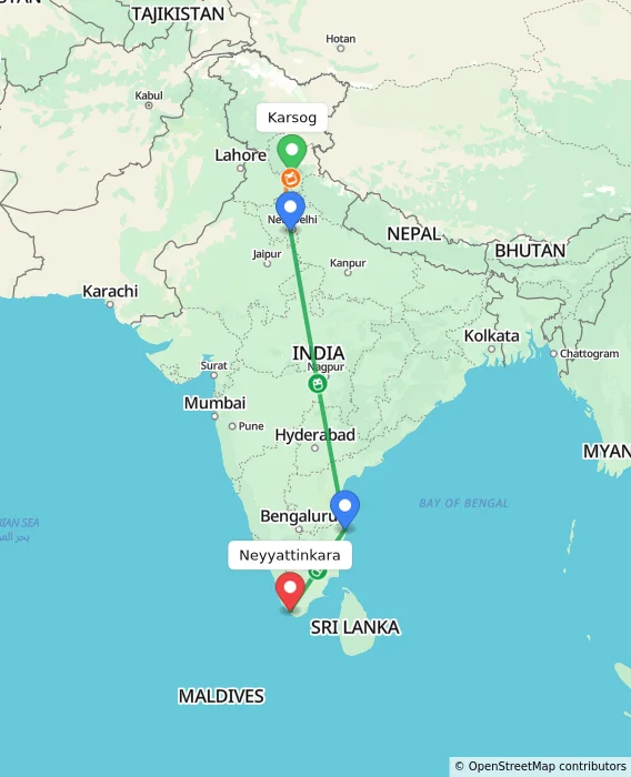 Route map showing distance and travel time from Karsog, India to Neyyattinkara, India