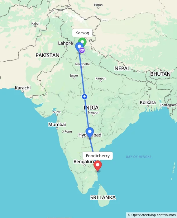 Route map showing distance and travel time from Karsog, India to Pondicherry, India