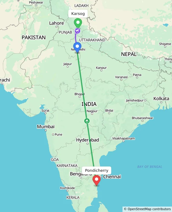 Route map showing distance and travel time from Karsog, India to Puducherry, India