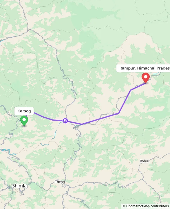 Route map showing distance and travel time from Karsog, India to Rampur, Himachal Pradesh, India