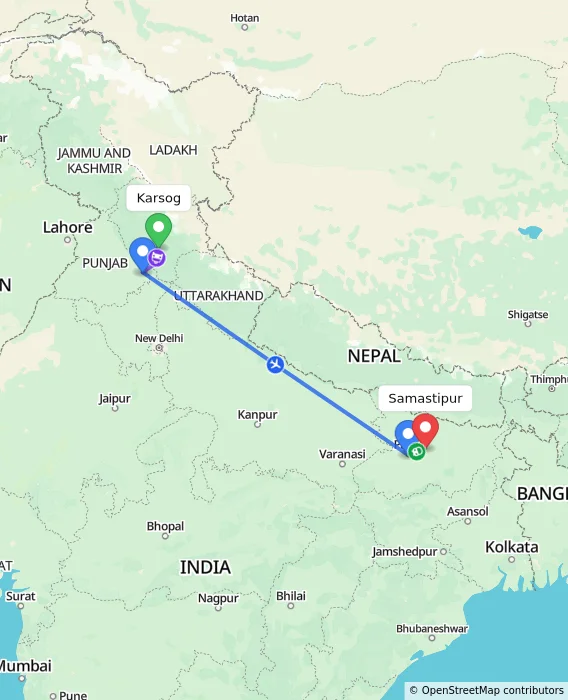 Route map showing distance and travel time from Karsog, India to Samastipur, India