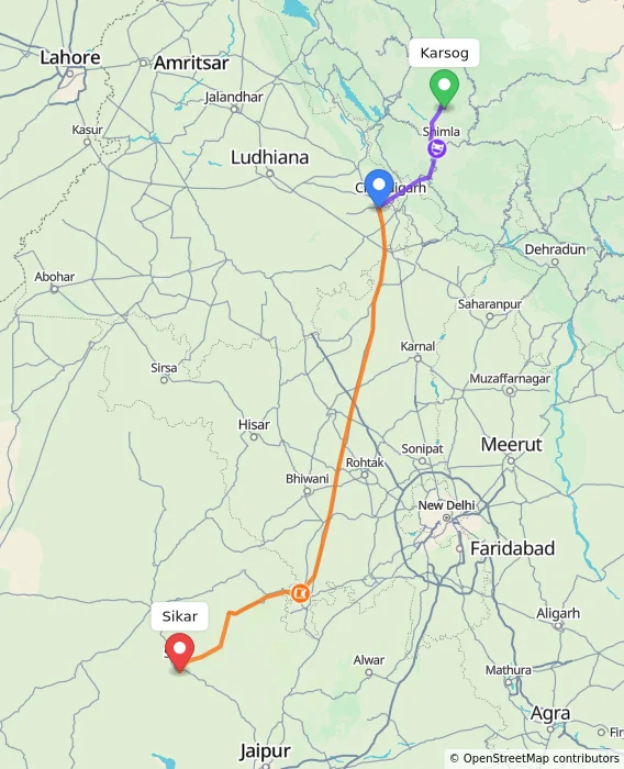 Route map showing distance and travel time from Karsog, India to Sikar, India