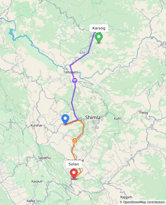 Route map showing distance and travel time from Karsog, India to Solan, India