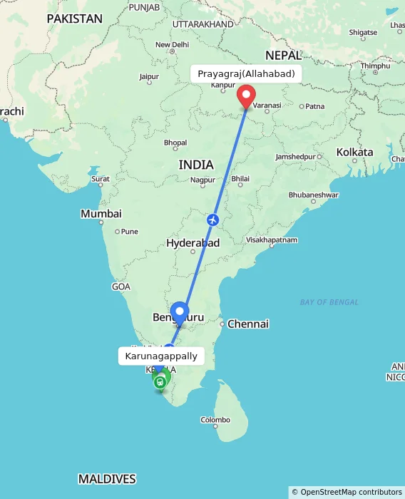 Route map showing distance and travel time from Karunagappally, India to Allahabad, India