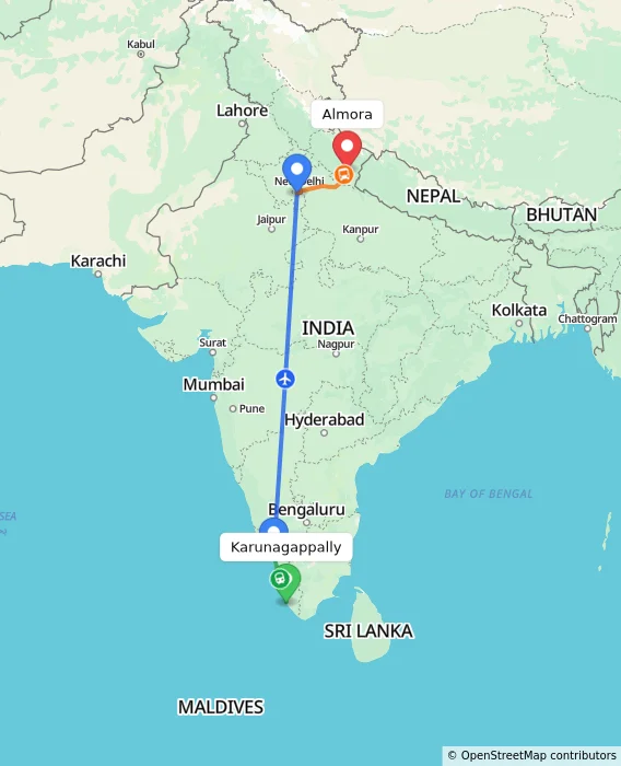 Route map showing distance and travel time from Karunagappally, India to Almora, India