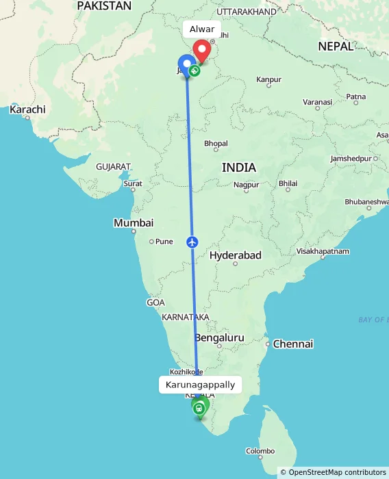 Route map showing distance and travel time from Karunagappally, India to Alwar, India