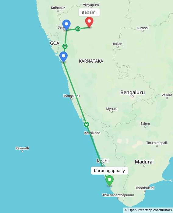 Route map showing distance and travel time from Karunagappally, India to Badami, India