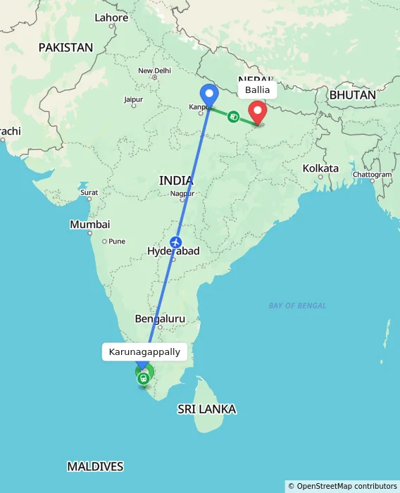 Route map showing distance and travel time from Karunagappally, India to Ballia, India