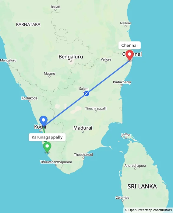 Route map showing distance and travel time from Karunagappally, India to Chennai, India