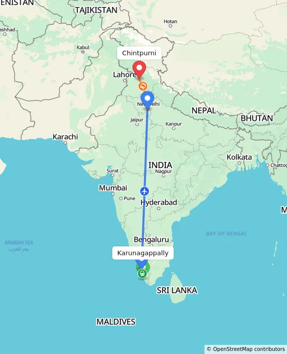 Route map showing distance and travel time from Karunagappally, India to Chintpurni, India