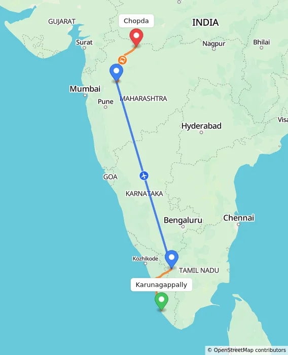 Route map showing distance and travel time from Karunagappally, India to Chopda, India
