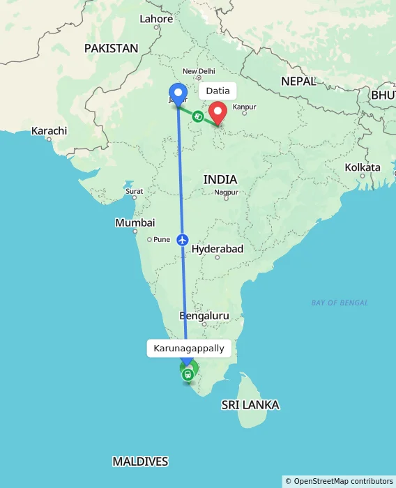Route map showing distance and travel time from Karunagappally, India to Datia, India