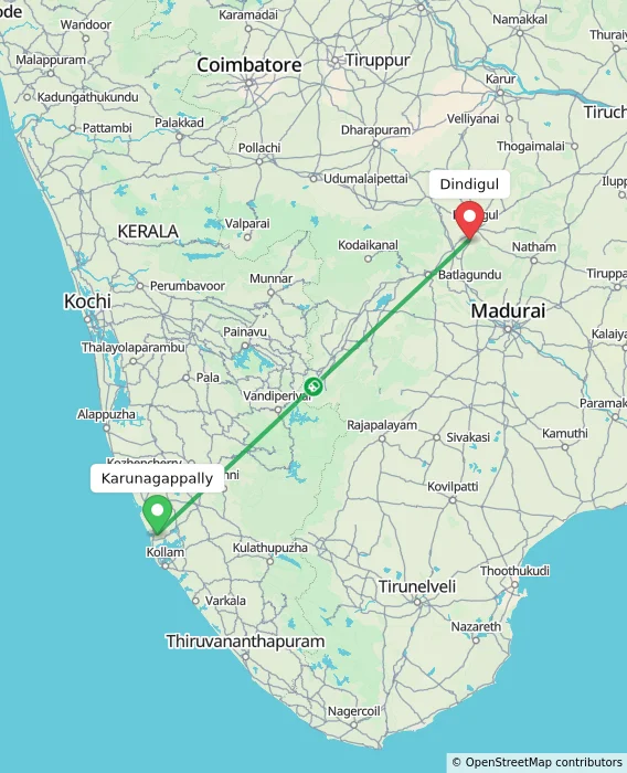 Route map showing distance and travel time from Karunagappally, India to Dindigul, India
