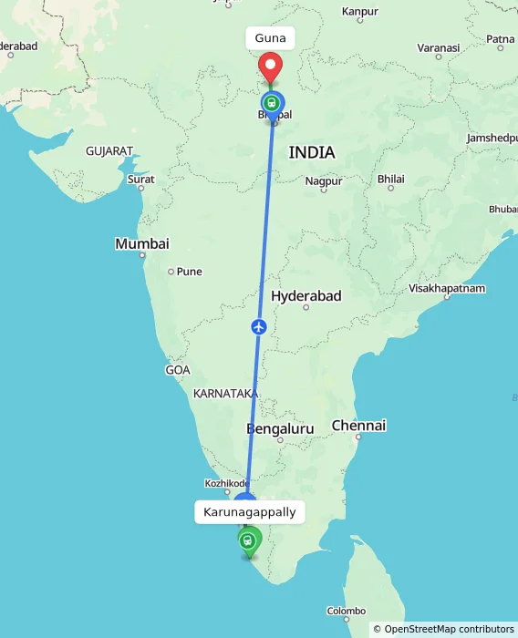 Route map showing distance and travel time from Karunagappally, India to Guna, India