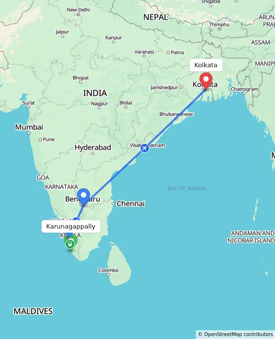Route map showing distance and travel time from Karunagappally, India to Kolkata, India