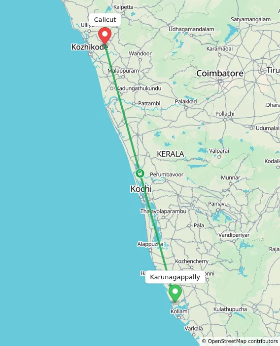 Route map showing distance and travel time from Karunagappally, India to Kozhikode, India