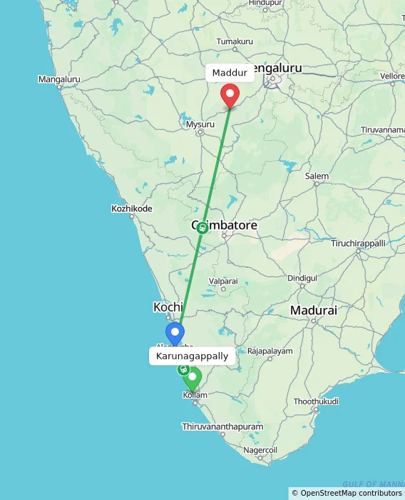 Route map showing distance and travel time from Karunagappally, India to Maddur, India