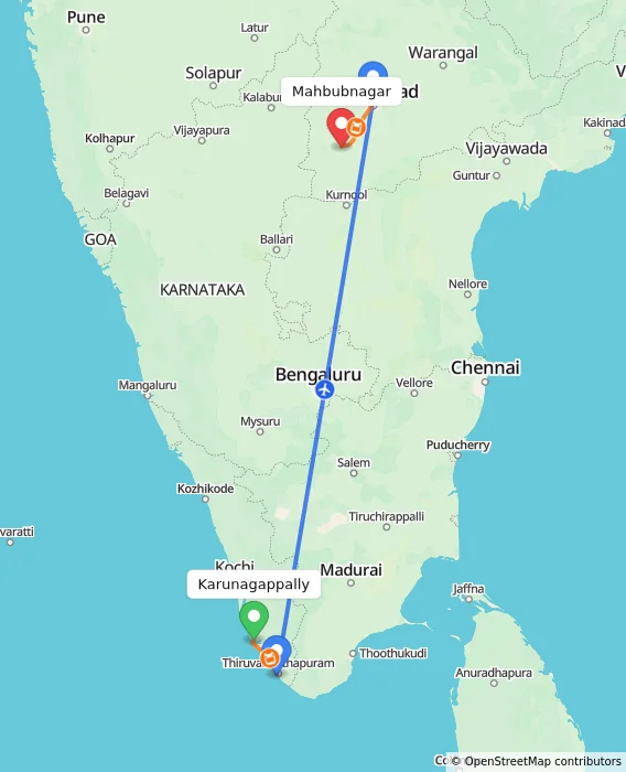 Route map showing distance and travel time from Karunagappally, India to Mahbubnagar, India