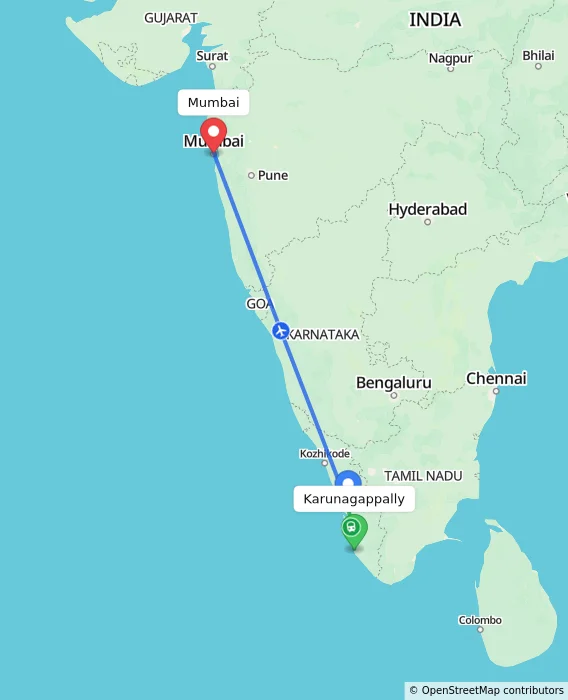 Route map showing distance and travel time from Karunagappally, India to Mumbai, India