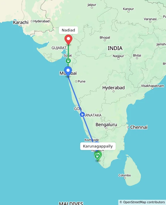 Route map showing distance and travel time from Karunagappally, India to Nadiad, India