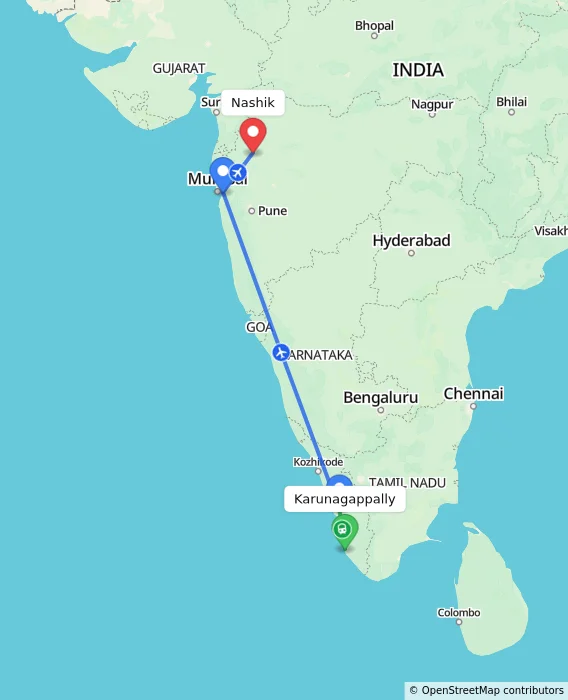 Route map showing distance and travel time from Karunagappally, India to Nashik, India