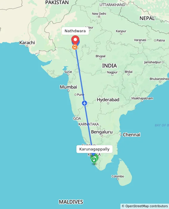 Route map showing distance and travel time from Karunagappally, India to Nathdwara, India