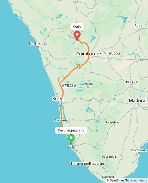 Route map showing distance and travel time from Karunagappally, India to Ooty, India