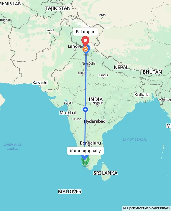 Route map showing distance and travel time from Karunagappally, India to Palampur, India
