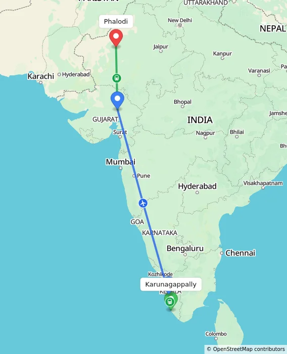 Route map showing distance and travel time from Karunagappally, India to Phalodi, India