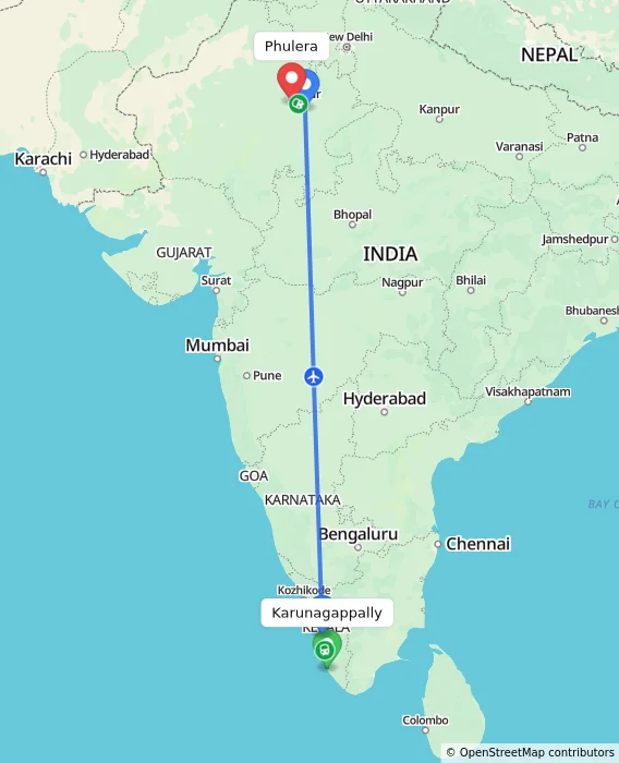 Route map showing distance and travel time from Karunagappally, India to Phulera, India