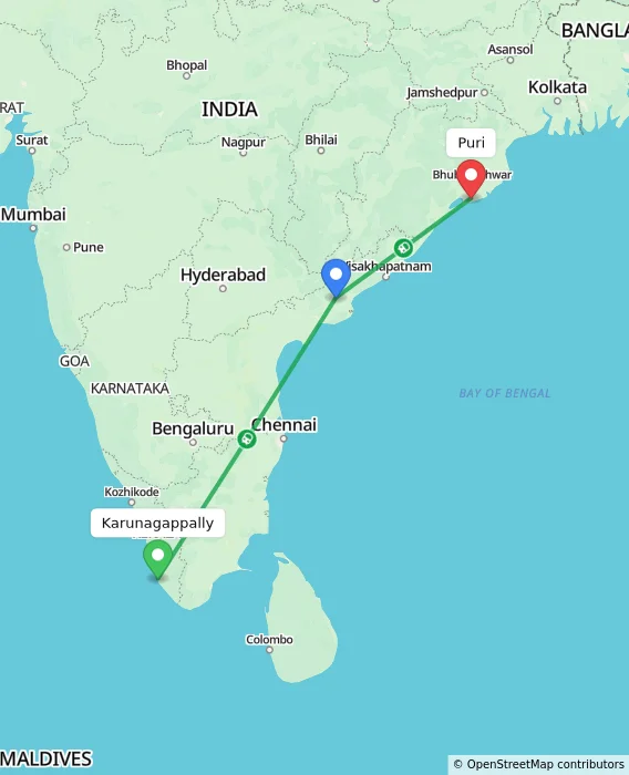Route map showing distance and travel time from Karunagappally, India to Puri, India