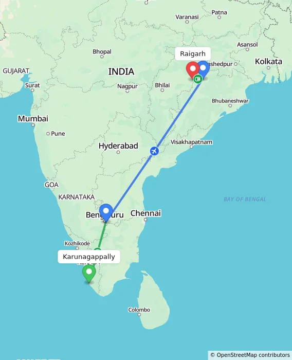 Route map showing distance and travel time from Karunagappally, India to Raigarh, India