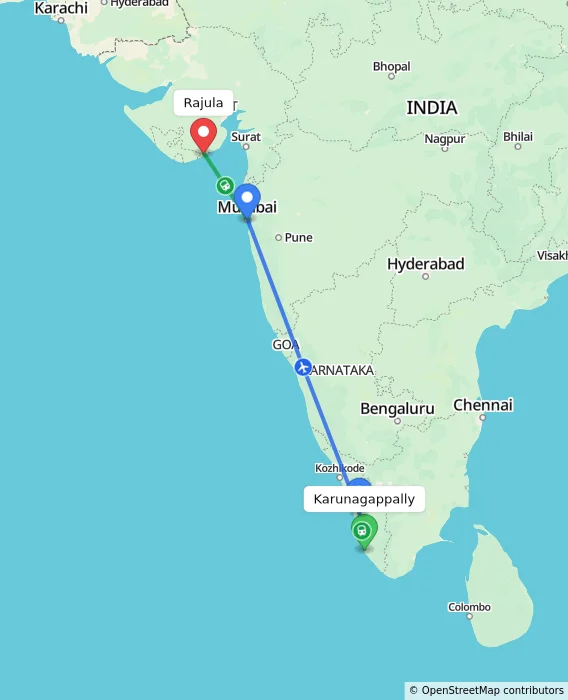 Route map showing distance and travel time from Karunagappally, India to Rajula, India