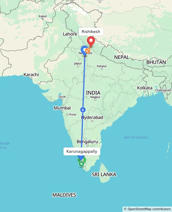 Route map showing distance and travel time from Karunagappally, India to Rishikesh, India