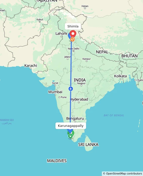 Route map showing distance and travel time from Karunagappally, India to Shimla, India