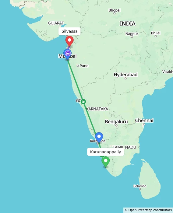 Route map showing distance and travel time from Karunagappally, India to Silvassa, India