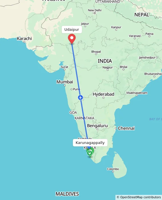 Route map showing distance and travel time from Karunagappally, India to Udaipur, India