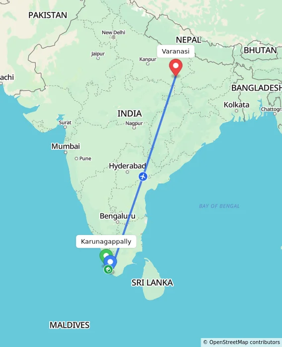 Route map showing distance and travel time from Karunagappally, India to Varanasi, India
