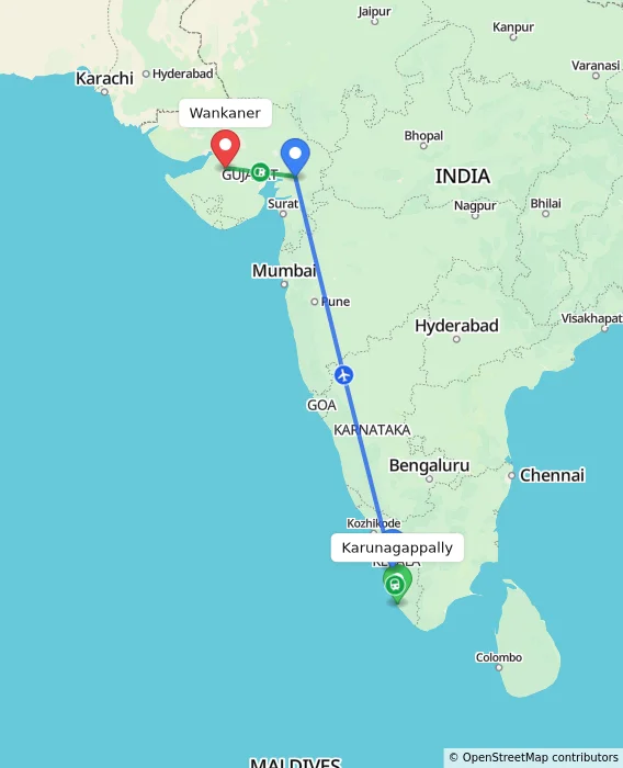 Route map showing distance and travel time from Karunagappally, India to Wankaner, India