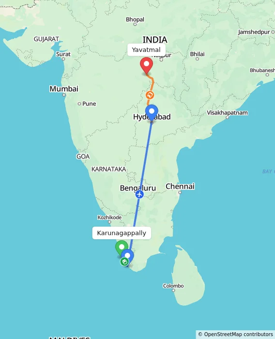 Route map showing distance and travel time from Karunagappally, India to Yavatmal, India