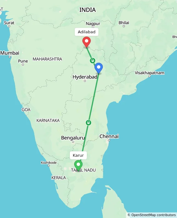 Route map showing distance and travel time from Karur, India to Adilabad, India