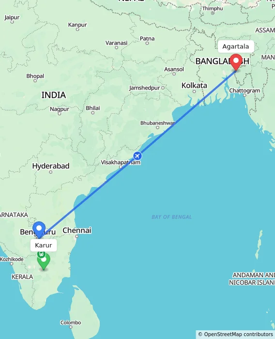 Route map showing distance and travel time from Karur, India to Agartala, India