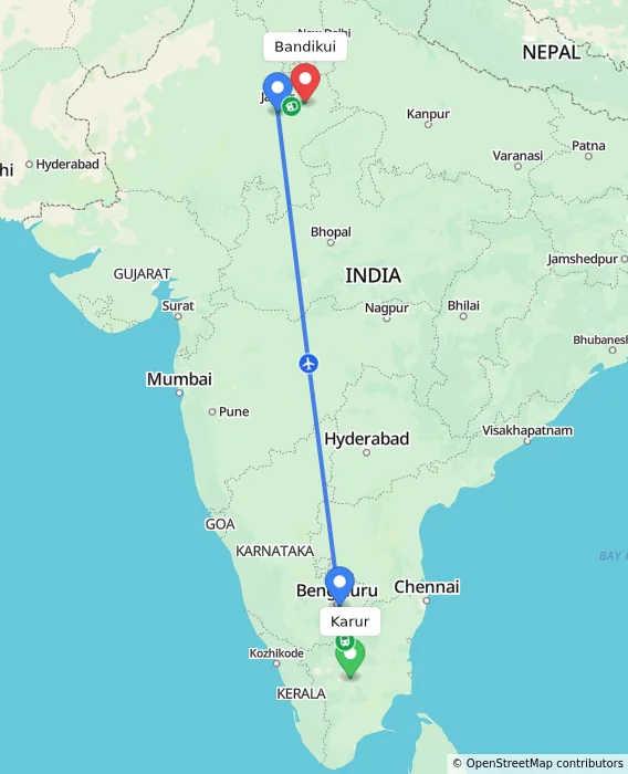 Route map showing distance and travel time from Karur, India to Bandikui, India