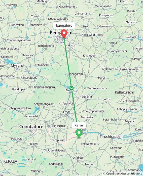 Route map showing distance and travel time from Karur, India to Bangalore, India